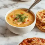 A rustic bowl of Cowboy Soup featuring chunks of tender beef, colorful vegetables like carrots, potatoes, and corn, garnished with fresh herbs. The soup appears thick and hearty, served in a vintage-style bowl placed on a wooden table with a spoon resting beside it. The background includes a warm, cozy setting, evoking a comforting, home-cooked meal.