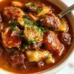 A hearty bowl of Cowboy Stew filled with chunks of smoked sausage, ground beef, bright yellow corn, diced tomatoes, and vegetables in a rustic ceramic bowl. The stew has a rich, thick consistency with visible herbs and spices, garnished with fresh chopped herbs and served alongside crusty bread on a wooden table.