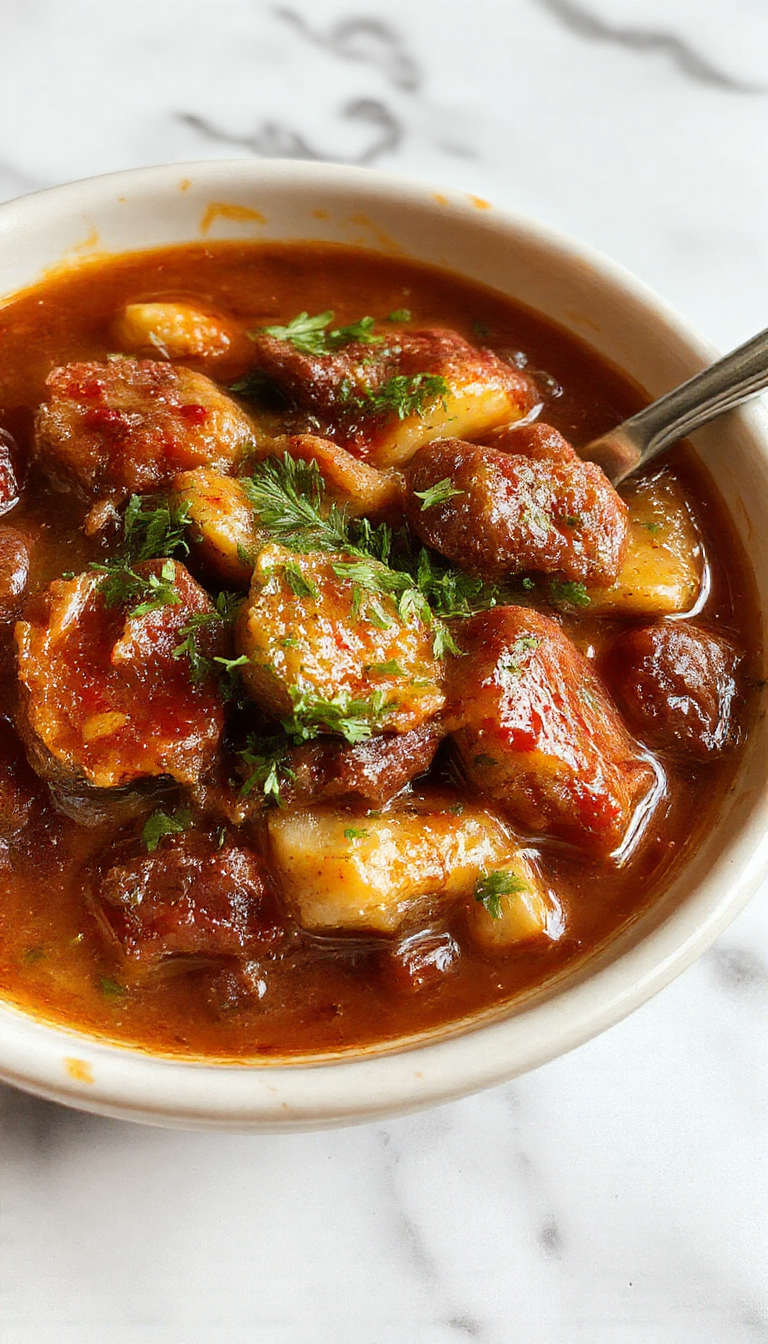 A hearty bowl of Cowboy Stew filled with chunks of smoked sausage, ground beef, bright yellow corn, diced tomatoes, and vegetables in a rustic ceramic bowl. The stew has a rich, thick consistency with visible herbs and spices, garnished with fresh chopped herbs and served alongside crusty bread on a wooden table.