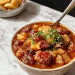 A hearty bowl of Cowboy Stew filled with chunks of tender beef, smoked sausage slices, bright yellow corn, and colorful vegetables in a rustic ceramic bowl, garnished with fresh herbs, with steam rising and a rustic wooden table in the background.