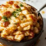 A creamy chicken pot pie orzo casserole served in a rustic white ramekin, topped with golden-brown crust crumbs, vibrant herbs, and colorful vegetables visible through the flaky crust. The dish is garnished with fresh thyme and parsley, steam gently rising to suggest warmth and comfort.