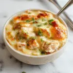 A golden-brown chicken pot pie orzo served in a rustic white bowl, topped with a flaky crust and garnished with fresh herbs, surrounded by cooked orzo and vegetables on a wooden surface.