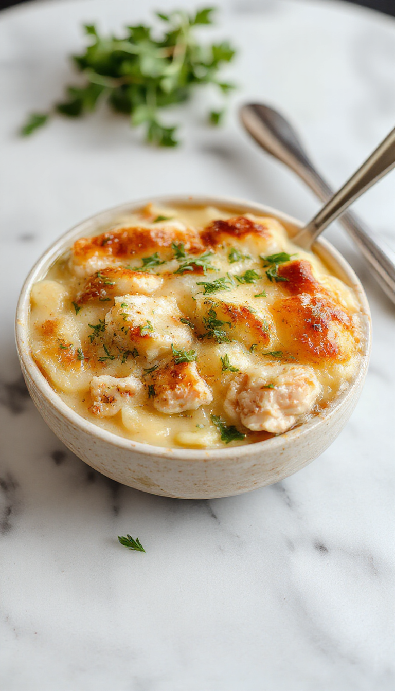 A golden-brown chicken pot pie orzo served in a rustic white bowl, topped with a flaky crust and garnished with fresh herbs, surrounded by cooked orzo and vegetables on a wooden surface.
