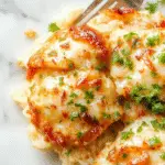 A savory casserole featuring golden-brown baked chicken atop fluffy rice, topped with crispy caramelized onions and melted cheese, garnished with fresh herbs on a rustic plate.