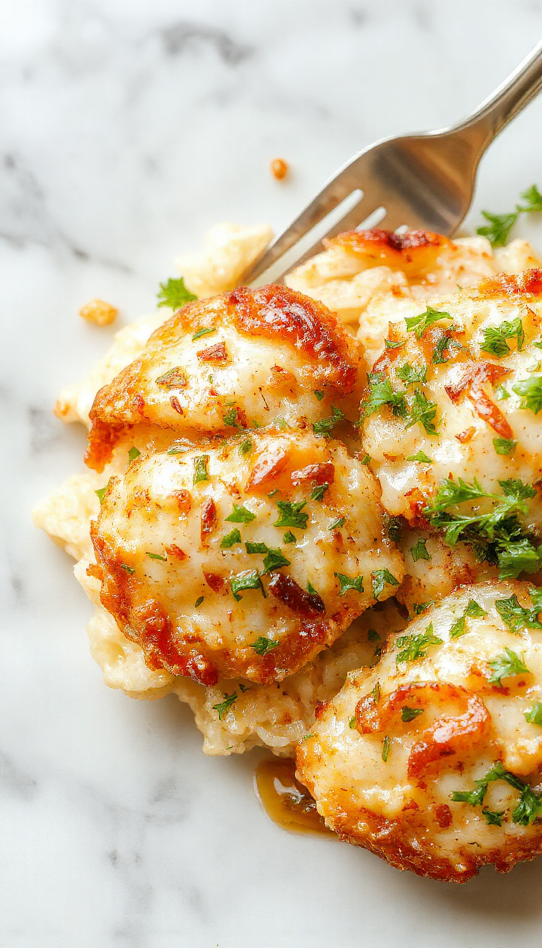 A savory casserole featuring golden-brown baked chicken atop fluffy rice, topped with crispy caramelized onions and melted cheese, garnished with fresh herbs on a rustic plate.