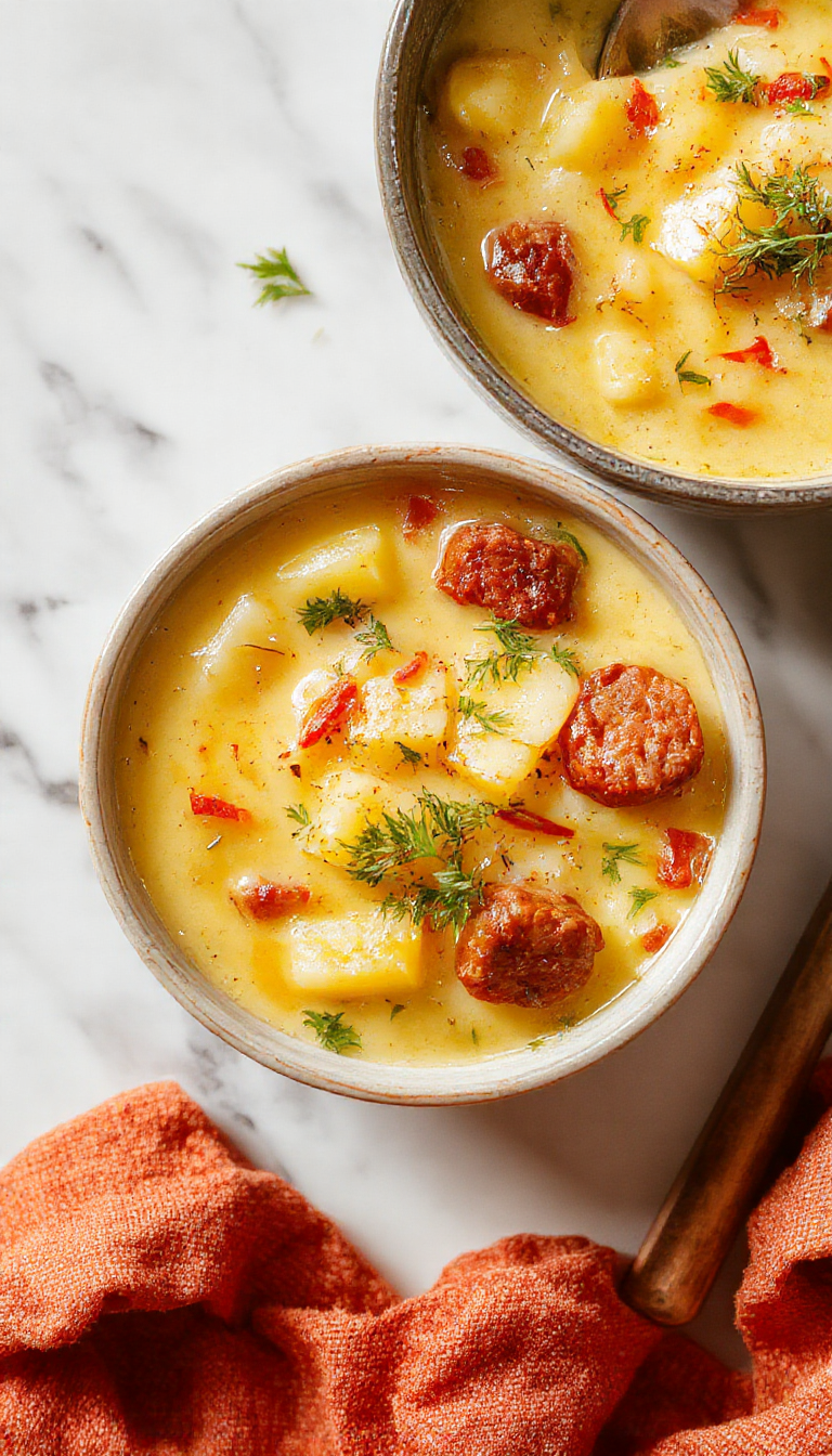 A warm, inviting bowl of sausage potato soup garnished with chopped herbs, featuring chunks of sausage, tender potato pieces, and a creamy broth, served with a crusty bread on a rustic wooden table