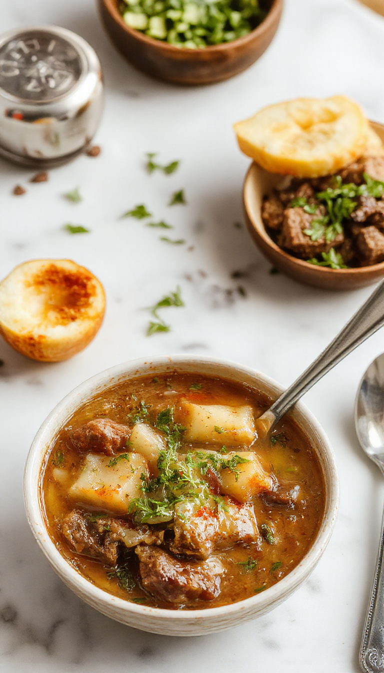 A hearty bowl of French Onion Beef Short Rib Soup topped with melted cheese, caramelized onions, and tender beef short ribs, garnished with fresh herbs, served with toasted bread on the side, creating an inviting and comforting presentation.