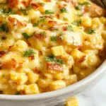 A golden-brown Corn Casserole in a rectangular baking dish topped with melted cheese and crispy bacon bits. The casserole is steaming, with a slightly crispy edges and a creamy interior visible through a cut section, garnished with fresh herbs for presentation.