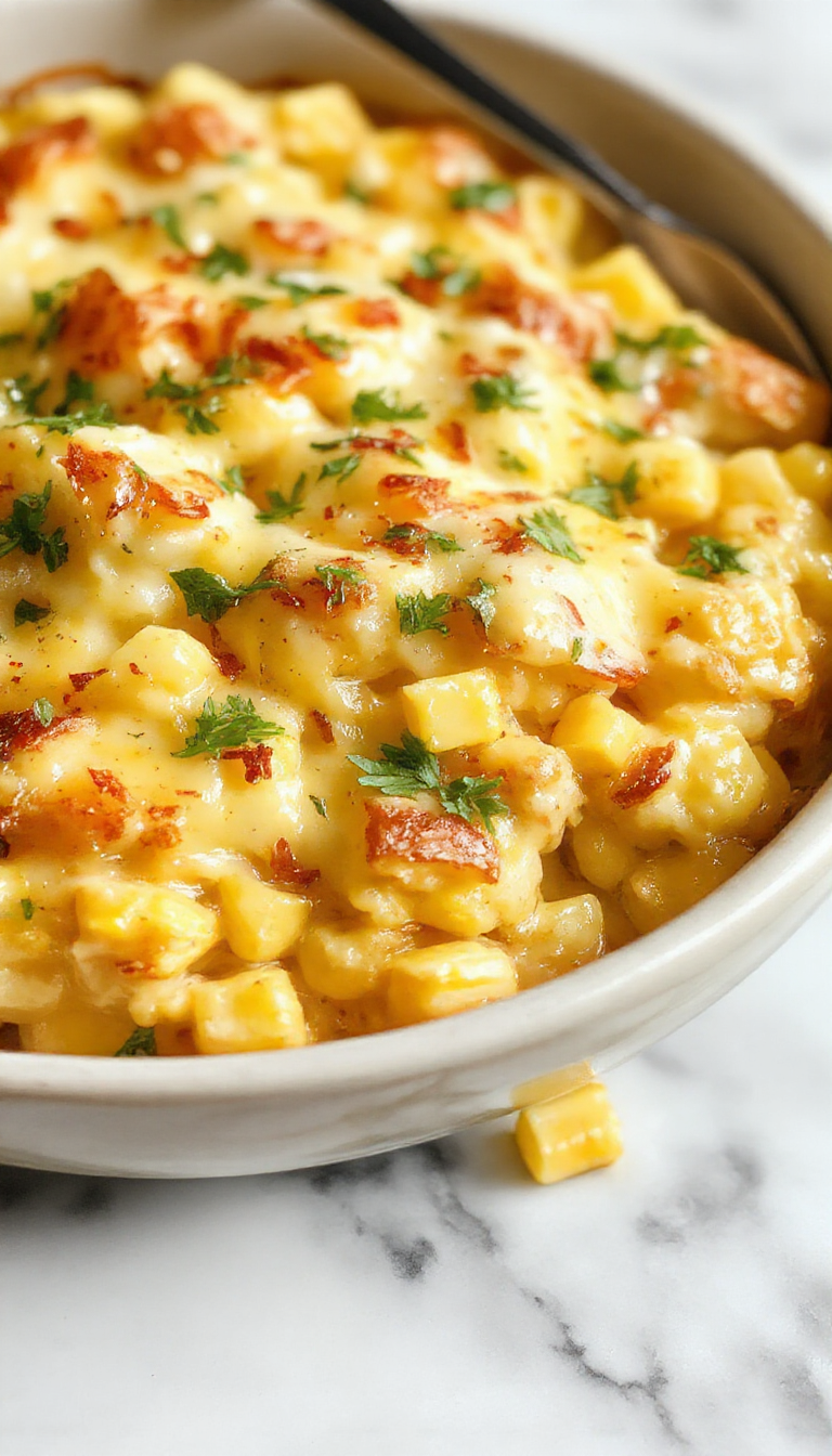 A golden-brown Corn Casserole in a rectangular baking dish topped with melted cheese and crispy bacon bits. The casserole is steaming, with a slightly crispy edges and a creamy interior visible through a cut section, garnished with fresh herbs for presentation.
