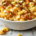 A golden-brown cheesy corn casserole in a rustic ceramic baking dish, topped with crispy bacon bits and melted cheese, with steam rising from the warm dish, garnished with fresh herbs.
