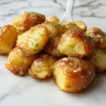 Golden-brown cracked potatoes served in a rustic bowl, sprinkled with fresh herbs, with a crispy exterior and fluffy interior, alongside colorful condiments.