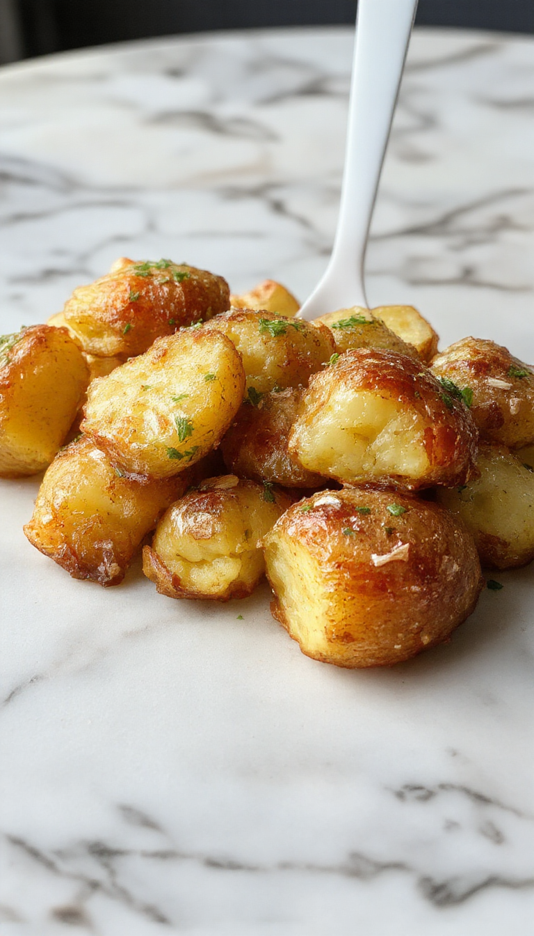 Golden-brown cracked potatoes served in a rustic bowl, sprinkled with fresh herbs, with a crispy exterior and fluffy interior, alongside colorful condiments.