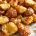 A close-up of a serving plate filled with golden-brown, crispy crack potatoes topped with fresh herbs and creamy ranch sauce drizzled over the side, surrounded by vibrant vegetables and a rustic table setting.