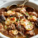 A close-up of a creamy beef and shell pasta dish served in a rustic white bowl. The pasta shells are generously coated in a rich, creamy sauce with tender pieces of ground beef. The dish is garnished with freshly chopped parsley, adding a pop of green, and the background features a wooden table with a fork resting on the side, emphasizing a hearty, comforting meal.