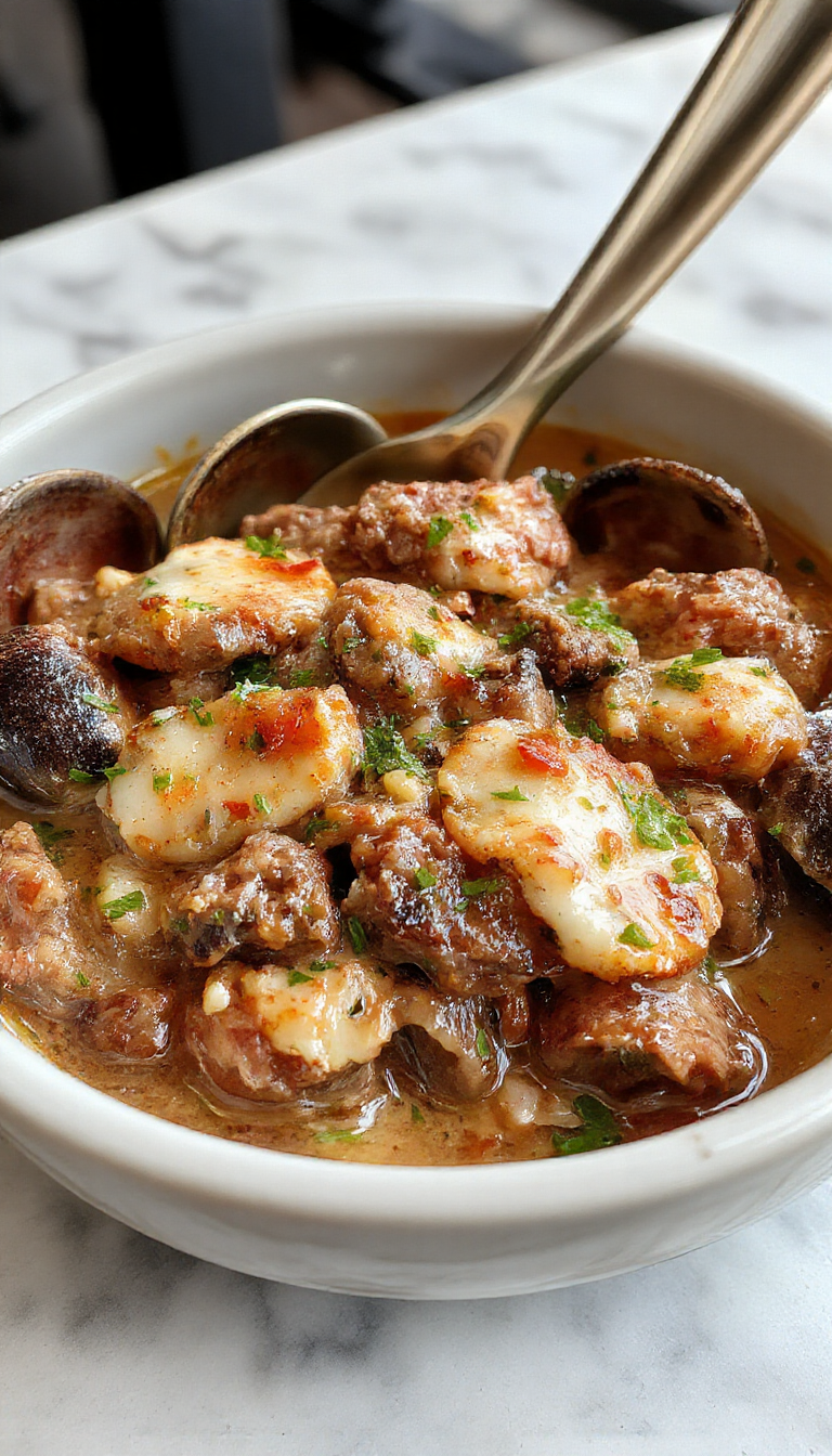 A close-up of a creamy beef and shell pasta dish served in a rustic white bowl. The pasta shells are generously coated in a rich, creamy sauce with tender pieces of ground beef. The dish is garnished with freshly chopped parsley, adding a pop of green, and the background features a wooden table with a fork resting on the side, emphasizing a hearty, comforting meal.