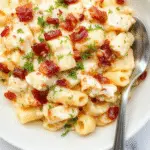 A close-up of a creamy pasta dish featuring shredded chicken, crispy bacon bits, and a smooth, glossy ranch Alfredo sauce, garnished with fresh herbs on a white plate with a rustic wooden table background.