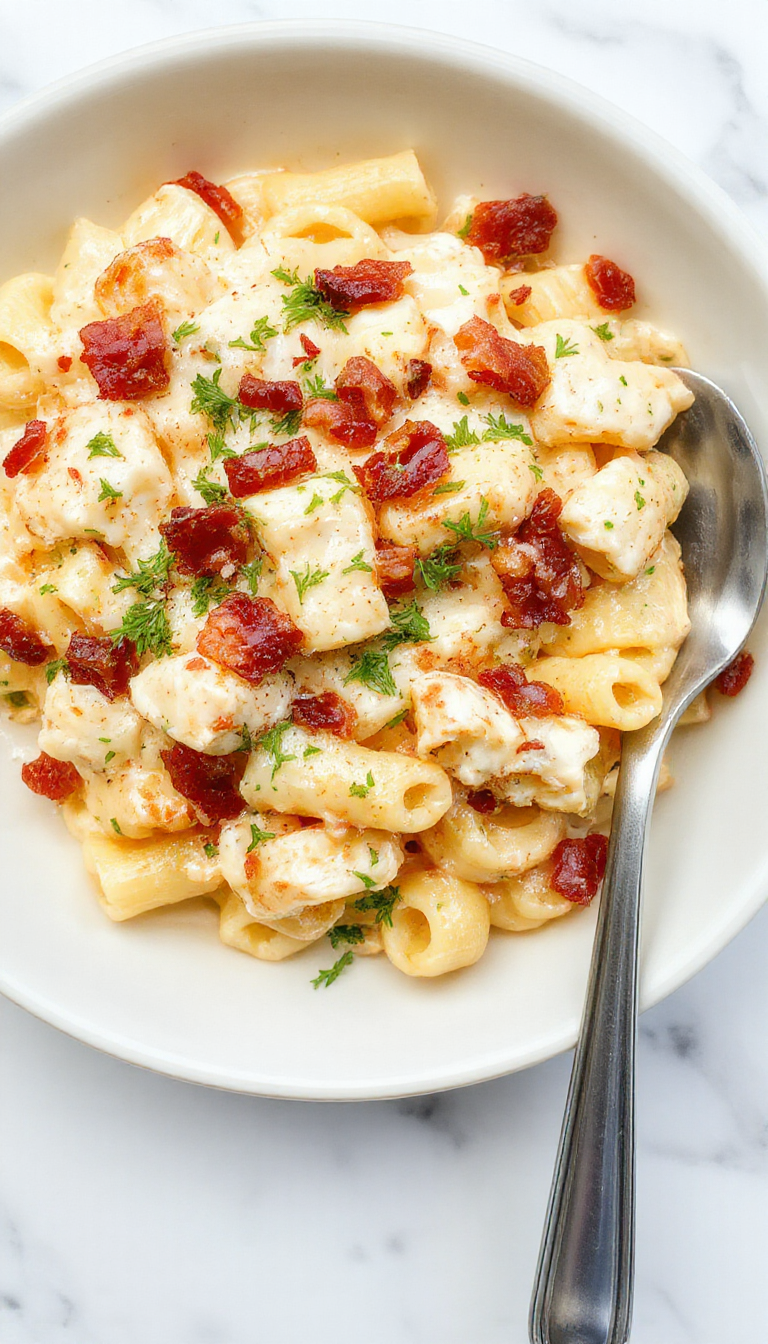 A close-up of a creamy pasta dish featuring shredded chicken, crispy bacon bits, and a smooth, glossy ranch Alfredo sauce, garnished with fresh herbs on a white plate with a rustic wooden table background.