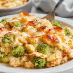 A golden-baked casserole dish topped with melted bubbly cheese, showing tender chunks of chicken, vibrant green broccoli florets, and fluffy rice. The surface has a crispy, browned layer with steam gently rising, and the dish is presented on a rustic wooden table with a serving spoon ready for scooping.