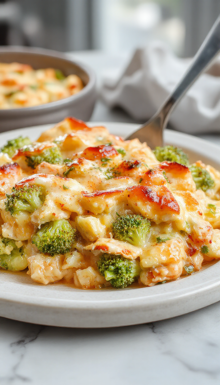 A golden-baked casserole dish topped with melted bubbly cheese, showing tender chunks of chicken, vibrant green broccoli florets, and fluffy rice. The surface has a crispy, browned layer with steam gently rising, and the dish is presented on a rustic wooden table with a serving spoon ready for scooping.