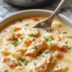 A bowls of creamy chicken pasta soup garnished with fresh spinach and herbs, served with a side of crusty bread on a rustic wooden table, steam gently rising from the hot dish.