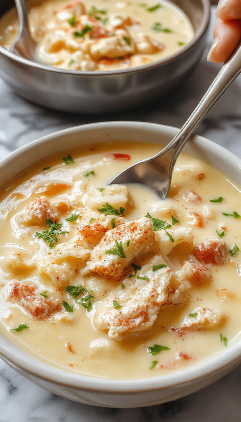 A bowls of creamy chicken pasta soup garnished with fresh spinach and herbs, served with a side of crusty bread on a rustic wooden table, steam gently rising from the hot dish.