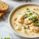 A steaming bowl of creamy chicken pasta soup garnished with fresh spinach leaves and shredded chicken, served with a sprig of herbs on a rustic wooden table.