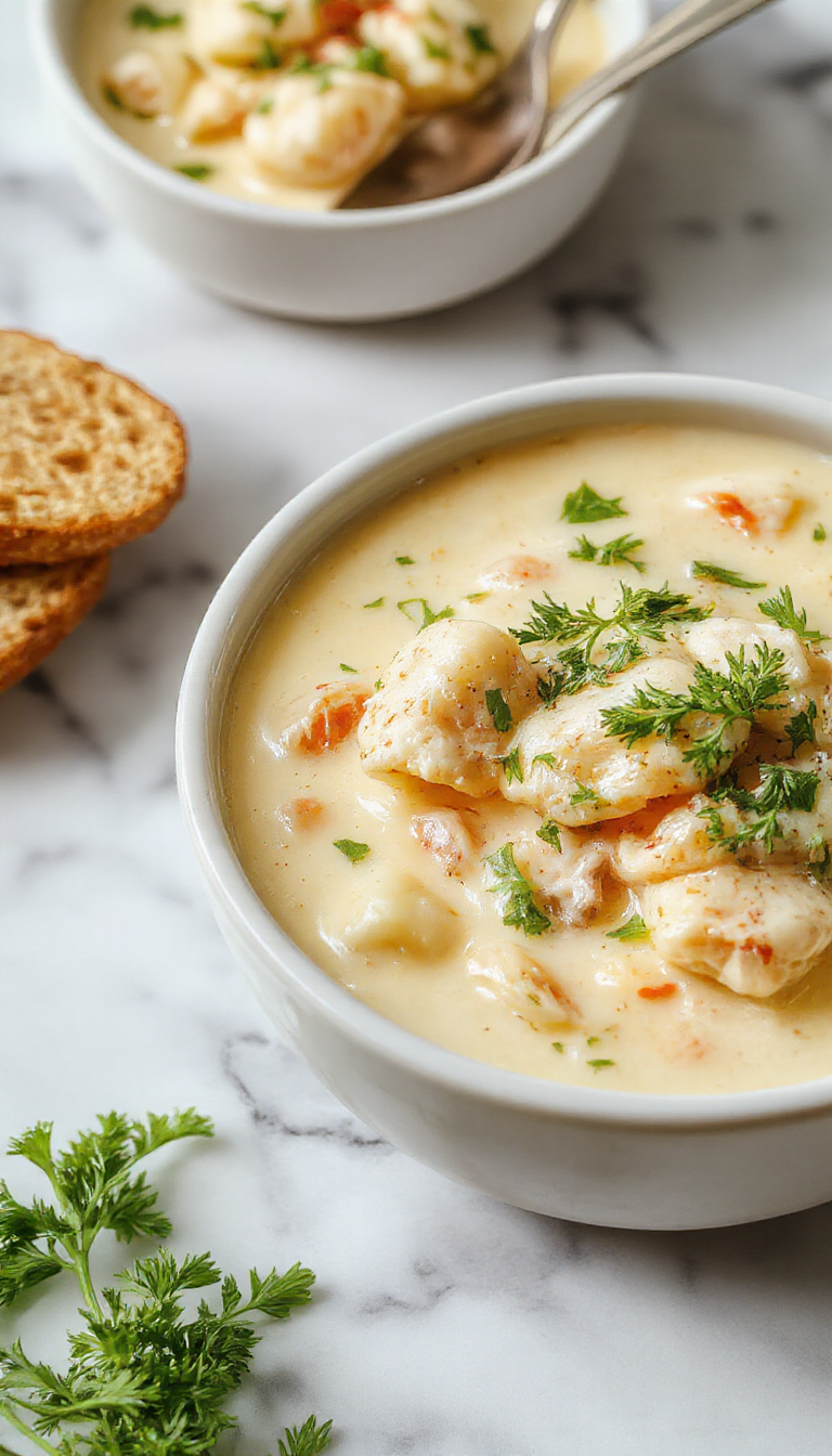 A steaming bowl of creamy chicken pasta soup garnished with fresh spinach leaves and shredded chicken, served with a sprig of herbs on a rustic wooden table.