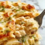 A close-up of a creamy chicken pot pie pasta dish in a rustic white bowl, showcasing tender pasta coated in a rich, creamy sauce with chunks of chicken and vegetables, topped with golden crispy crust crumbs and garnished with fresh herbs, set on a wooden table with a background of warm lighting and culinary utensils.