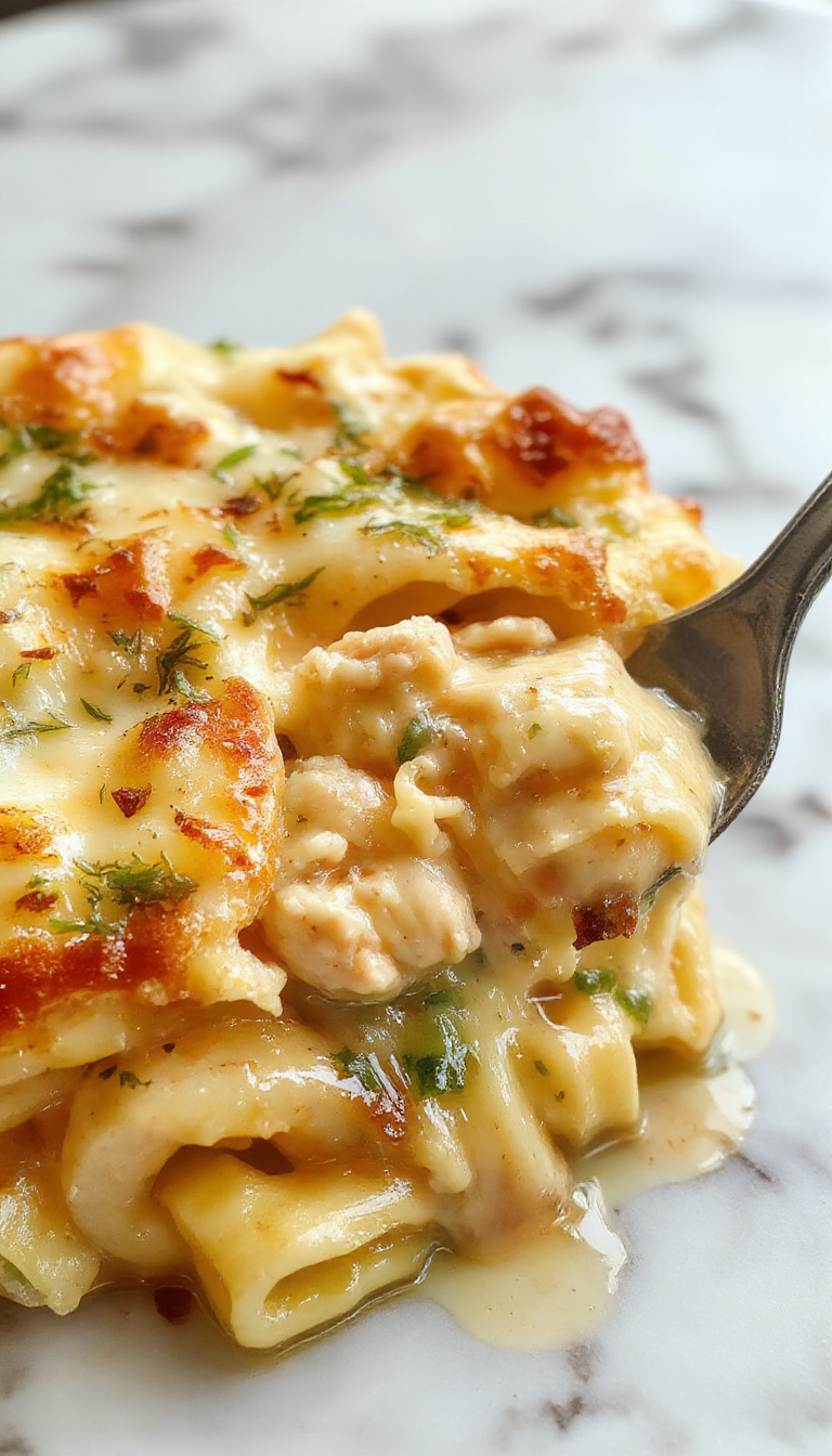 A close-up of a creamy chicken pot pie pasta dish in a rustic white bowl, showcasing tender pasta coated in a rich, creamy sauce with chunks of chicken and vegetables, topped with golden crispy crust crumbs and garnished with fresh herbs, set on a wooden table with a background of warm lighting and culinary utensils.