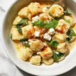 A close-up of creamy gnocchi with wilted spinach and crumbled feta cheese, plated on a white dish with a sprig of fresh basil on top, highlighting the textures of the soft gnocchi, vibrant green spinach, and white feta against a rustic wooden table background.