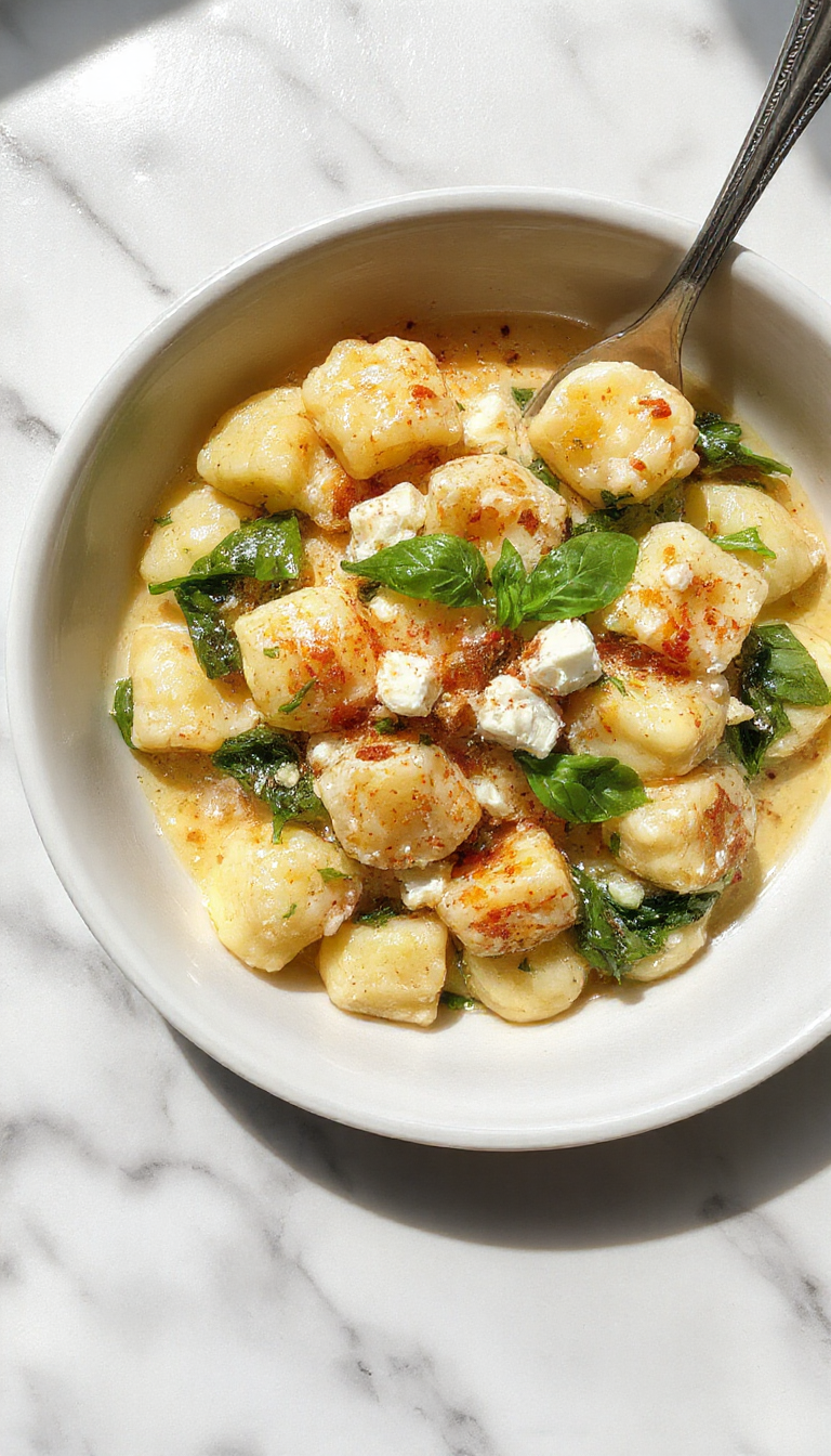 A close-up of creamy gnocchi with wilted spinach and crumbled feta cheese, plated on a white dish with a sprig of fresh basil on top, highlighting the textures of the soft gnocchi, vibrant green spinach, and white feta against a rustic wooden table background.