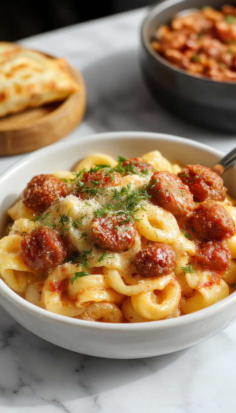 A steaming bowl of creamy Marry Me Ditalini sausage pasta, garnished with freshly chopped parsley. The dish features small, circular pasta coated in a rich, velvety sauce with chunks of sausage visible throughout. The vibrant colors of the white sauce contrasted with the golden-brown sausage and green herbs create an inviting presentation on a rustic wooden table, with a side of crusty bread and a fork placed beside.