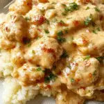 A steaming bowl of creamy smothered chicken and rice garnished with chopped herbs, featuring tender chicken breasts coated in a rich, velvety sauce with fluffy white rice underneath, topped with a sprinkle of fresh parsley, all presented on a rustic wooden table with a spoon alongside.