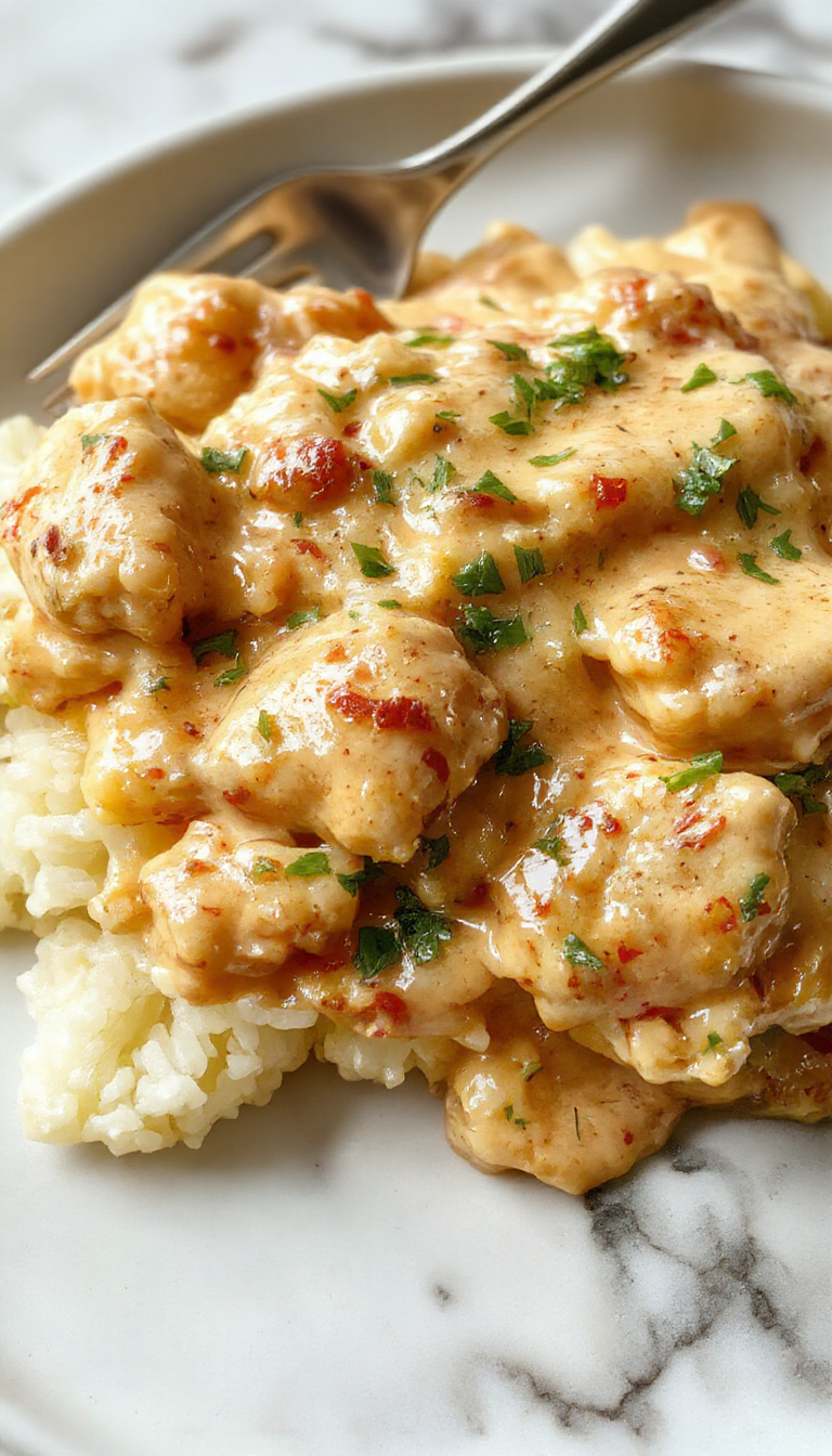 A steaming bowl of creamy smothered chicken and rice garnished with chopped herbs, featuring tender chicken breasts coated in a rich, velvety sauce with fluffy white rice underneath, topped with a sprinkle of fresh parsley, all presented on a rustic wooden table with a spoon alongside.
