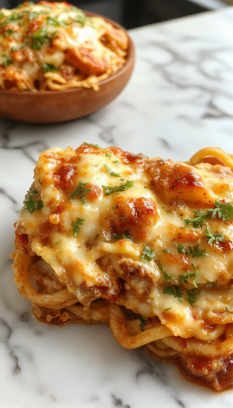 A close-up of a creamy Southern chicken spaghetti bake in a rustic white casserole dish. The top is golden brown with melted cheese and hints of herbs, garnished with chopped green onions and a sprinkle of paprika. The dish is set on a wooden table, with a spoon scooping out a portion revealing tender pasta coated in a rich, creamy sauce and chunks of chicken.
