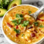 A vibrant bowl of creamy taco soup topped with shredded cheese, sour cream, chopped cilantro, and sliced jalapenos. The soup appears thick and hearty, with chunks of ground beef, beans, corn, and diced tomatoes visible through the creamy broth. The bowl is placed on a rustic wooden table with a spoon resting beside it, and lime wedges and tortilla chips in the background.