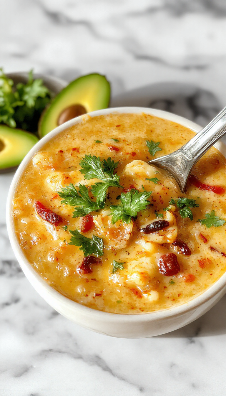 A vibrant bowl of creamy taco soup topped with shredded cheese, sour cream, chopped cilantro, and sliced jalapenos. The soup appears thick and hearty, with chunks of ground beef, beans, corn, and diced tomatoes visible through the creamy broth. The bowl is placed on a rustic wooden table with a spoon resting beside it, and lime wedges and tortilla chips in the background.