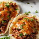A close-up of a plate filled with golden-brown, crispy baked ground beef tacos, topped with fresh shredded lettuce, diced tomatoes, shredded cheese, and a dollop of sour cream. The tacos are arranged to showcase their crunchy texture and colorful toppings, with a background of a rustic wooden table and vibrant Mexican-themed decorations.