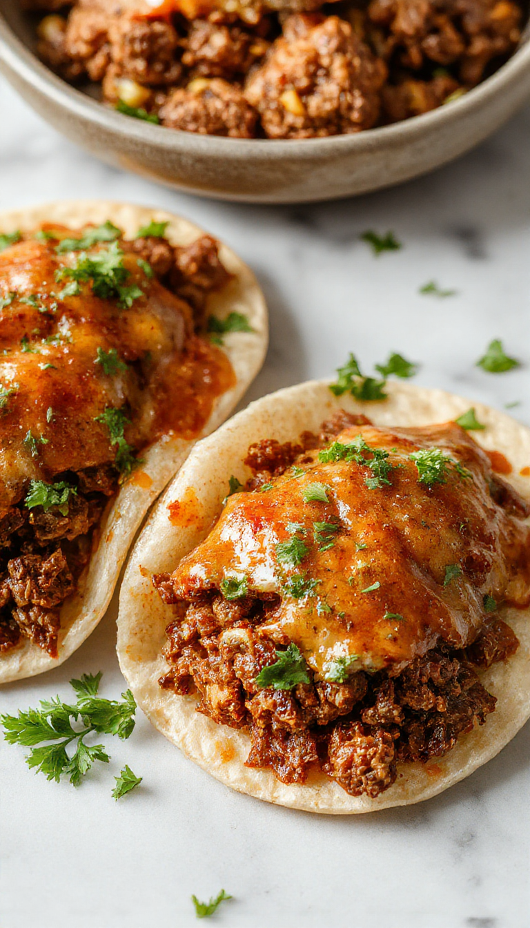 A close-up of a plate filled with golden-brown, crispy baked ground beef tacos, topped with fresh shredded lettuce, diced tomatoes, shredded cheese, and a dollop of sour cream. The tacos are arranged to showcase their crunchy texture and colorful toppings, with a background of a rustic wooden table and vibrant Mexican-themed decorations.