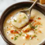 A steaming bowl of creamy potato soup topped with crispy bacon bits and chopped scallions, served alongside rustic crusty bread on a wooden table.