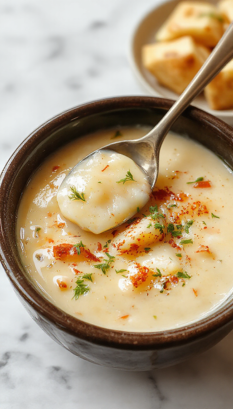 A steaming bowl of creamy potato soup topped with crispy bacon bits and chopped scallions, served alongside rustic crusty bread on a wooden table.