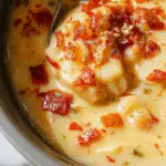 A bubbling, creamy Velveeta potato soup served in a rustic white bowl, topped with shredded cheese, chopped chives, and crispy bacon bits. The soup has a rich, velvety texture with chunks of tender potatoes visible beneath the cheesy topping. The bowl rests on a wooden table with a spoon placed nearby, and a warm, inviting background featuring a cozy kitchen setting.