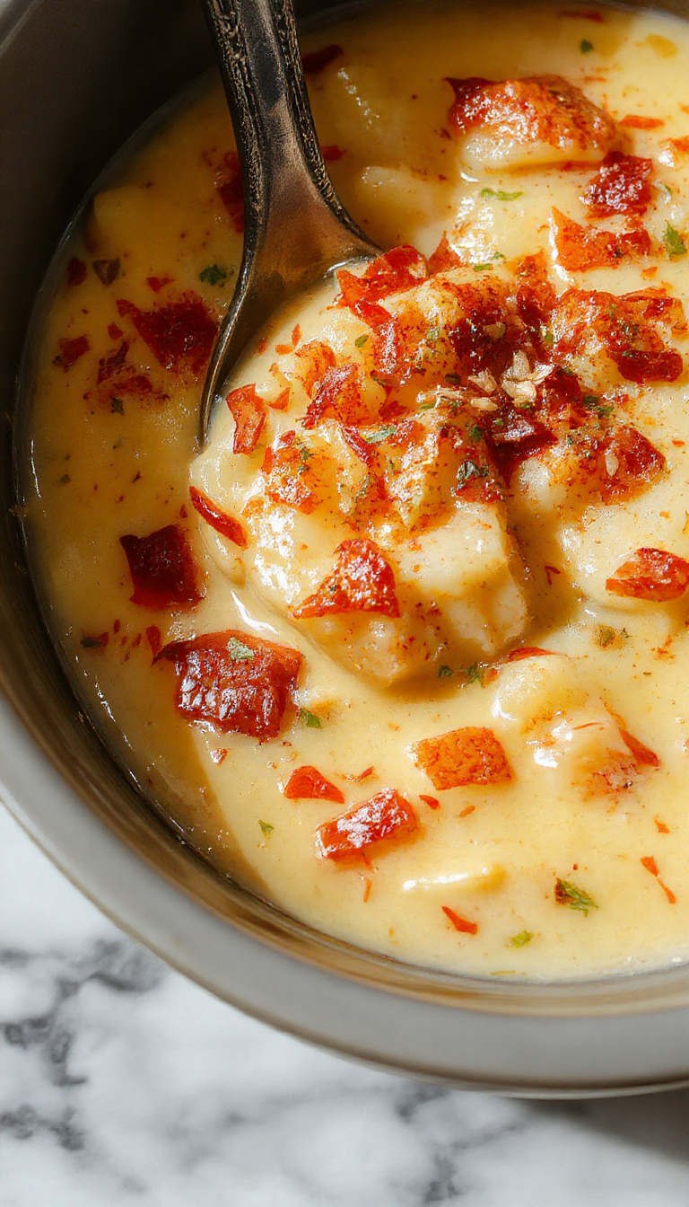 A bubbling, creamy Velveeta potato soup served in a rustic white bowl, topped with shredded cheese, chopped chives, and crispy bacon bits. The soup has a rich, velvety texture with chunks of tender potatoes visible beneath the cheesy topping. The bowl rests on a wooden table with a spoon placed nearby, and a warm, inviting background featuring a cozy kitchen setting.