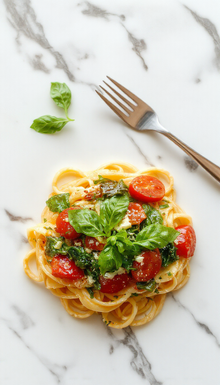 A bowl of vibrant spinach and ripe cherry tomato pasta topped with grated Parmesan cheese, basil leaves, and a drizzle of olive oil. The dish is arranged on a rustic wooden table, with a few halved cherry tomatoes and fresh spinach scattered around, highlighting the colorful ingredients and fresh presentation.