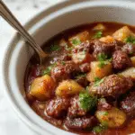 A hearty beef stew served in a rustic bowl, featuring tender chunks of chuck roast, vibrant carrots, potatoes, and peas in a thick, glossy gravy, garnished with fresh herbs, set against a cozy kitchen background.