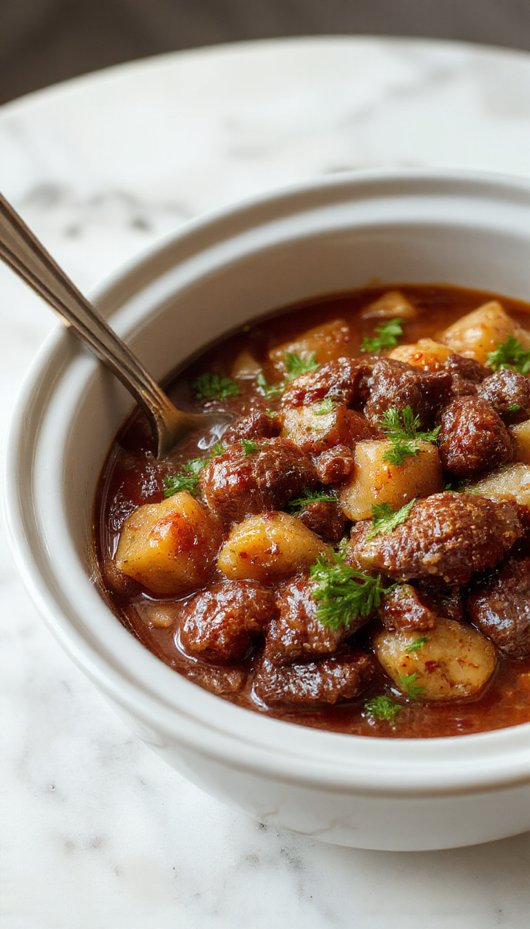 A hearty beef stew served in a rustic bowl, featuring tender chunks of chuck roast, vibrant carrots, potatoes, and peas in a thick, glossy gravy, garnished with fresh herbs, set against a cozy kitchen background.