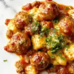 A hearty meatball casserole in a rustic white baking dish, featuring golden-brown meatballs topped with melted cheese and a rich tomato sauce, garnished with fresh herbs, with steam rising gently.