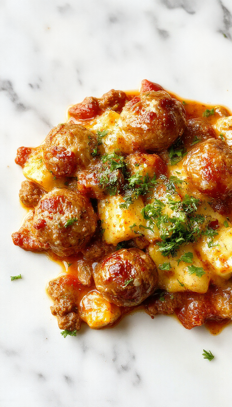 A hearty meatball casserole in a rustic white baking dish, featuring golden-brown meatballs topped with melted cheese and a rich tomato sauce, garnished with fresh herbs, with steam rising gently.
