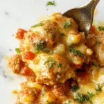 A savory meatball casserole displayed in a rustic baking dish, topped with melted cheese and garnished with fresh herbs. The casserole features evenly spaced beef meatballs nestled in a rich tomato sauce, with a golden, bubbly cheese crust on top. The scene showcases the dish from above, highlighting the warm, hearty presentation and vibrant colors of the ingredients.