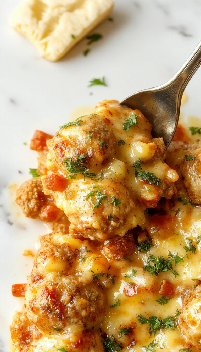 A savory meatball casserole displayed in a rustic baking dish, topped with melted cheese and garnished with fresh herbs. The casserole features evenly spaced beef meatballs nestled in a rich tomato sauce, with a golden, bubbly cheese crust on top. The scene showcases the dish from above, highlighting the warm, hearty presentation and vibrant colors of the ingredients.